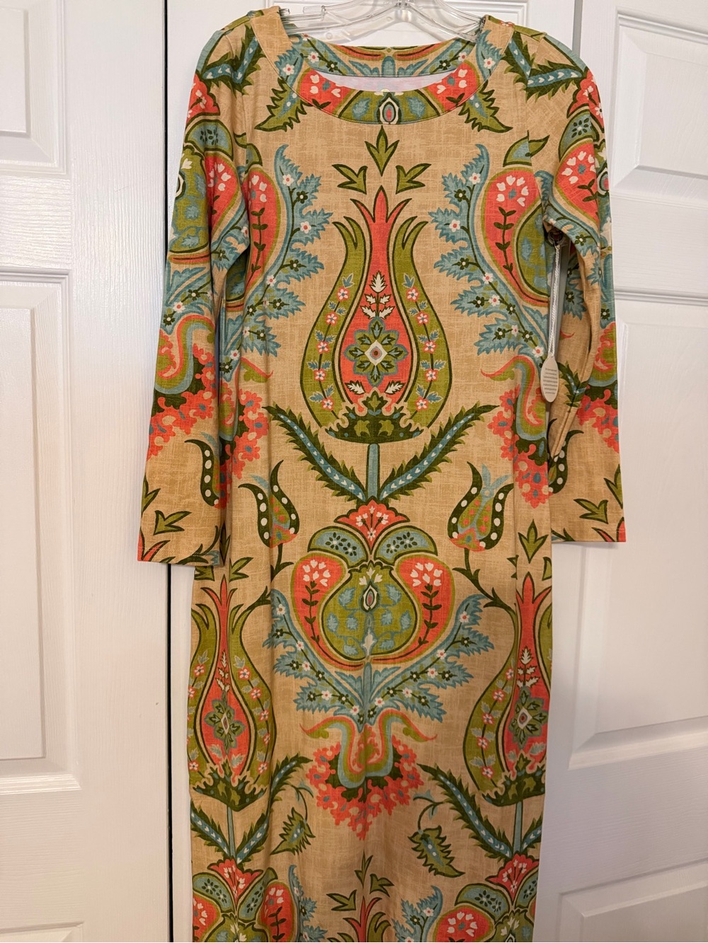 Spartina 449 Beige Maxi Dress with Coral, Olive and Sky Blue Motif